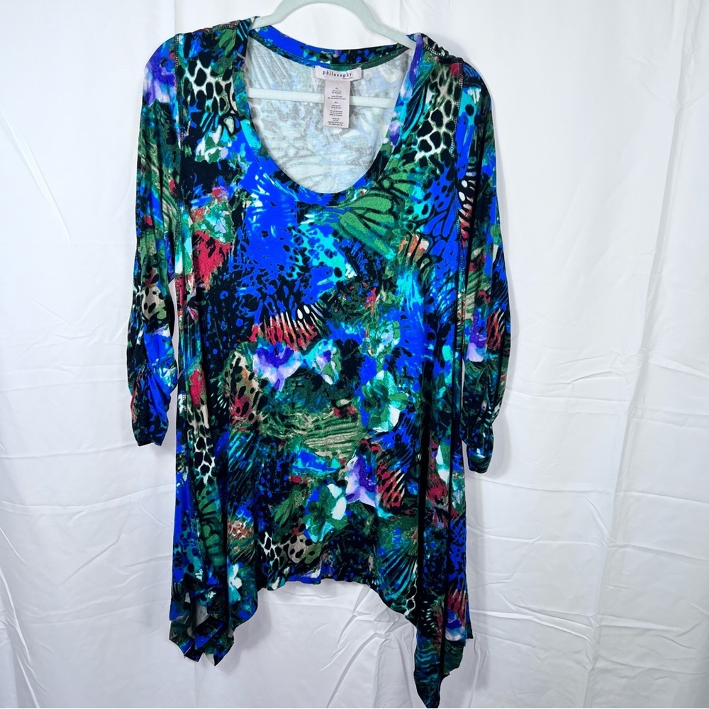 Philosophy Tunic XL Rainforest Lagenlook Asymmetrical Hem Art to wear Festival